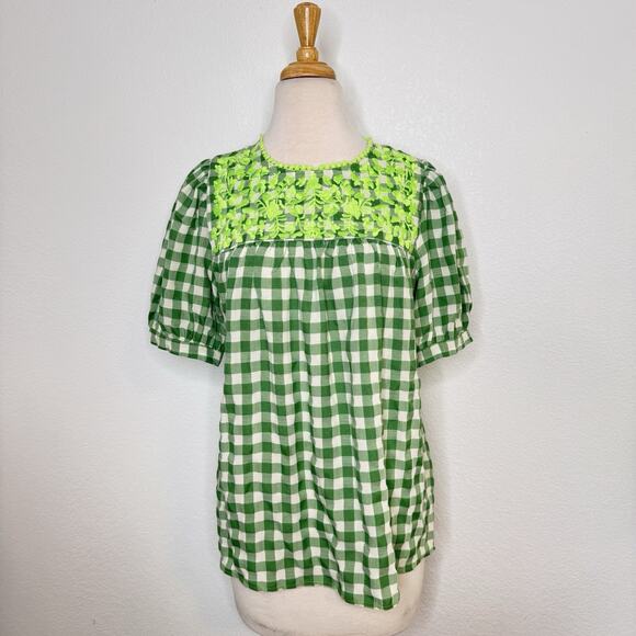 JODIFL Tops - Jodifl Womens Gingham Check Embroidered‎ Top Size S Green Peasant Cottagecore